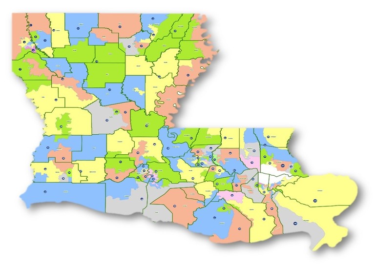 Picture of Louisiana Representative Districts in multiple colors of blue yellow and salmon 