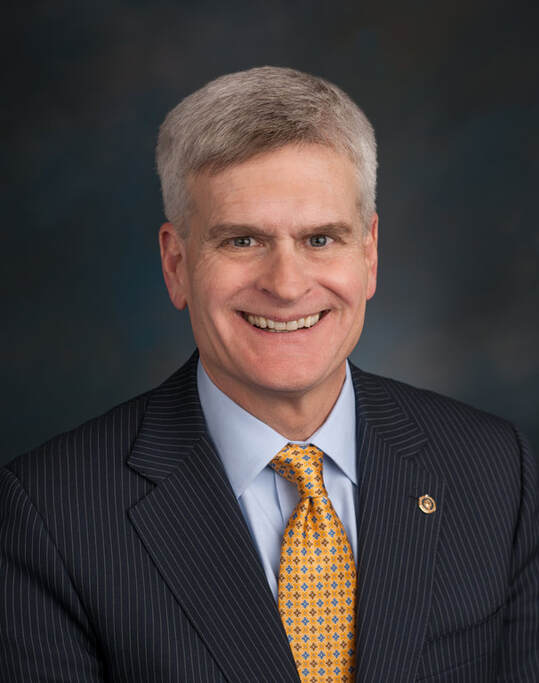Picture of Congressman Bill Cassidy in a dark suit, blue shirt and gold tie
